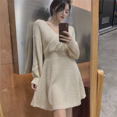 Aiertu Atumn Knitted Dress Women Long Sleeve V-Neck Sexy Pure Color Elegant Sweater Mini Dress Female Party One Piece Dress Korean Aiertu