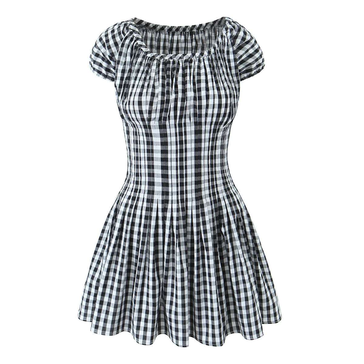 Aiertu  -  Vintage  Women Black White Plaid Dresses Short Sleeve O Neck Slim Waist A-line Mini Casual Summer Dress Aiertu