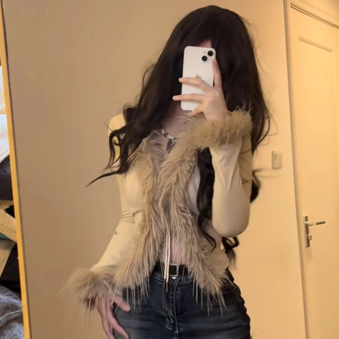 Aiertu  -  Trendy Leopard Print Fur Stitching Long-sleeved European American Slim Fit Versatile T-shirt Autumn and Winter Harajuku Y2k Tops Aiertu