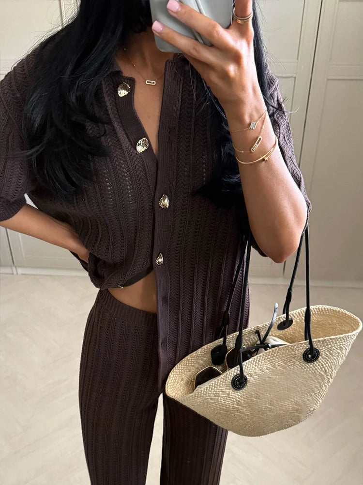 Aiertu  -  Casual Knit Pants Outfits Women Loose Lapel Single Breasted Short Sleeves Hollow Out Suits Female 2026 Spring Summer Solid Sets Aiertu