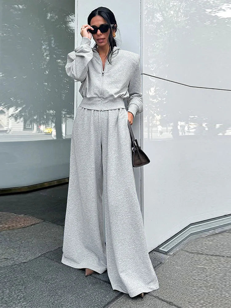 Aiertu  -  Casual 2 Pieces Suit Women Full Sleeves Zippers Crop Hoodies High Waist Wide Leg Lengthen Pants Female Set 2025 Spring Lady Sets Aiertu