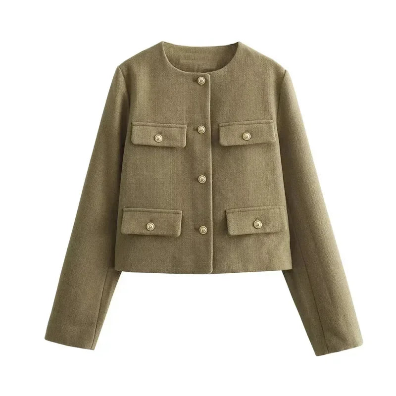 Aiertu  -  New Retro Fashion Women Coarse Tweed Round Neck Long Sleeved Jacket Winter Korean Elegant Lady Long Sleeved Button Short Jacket Aiertu