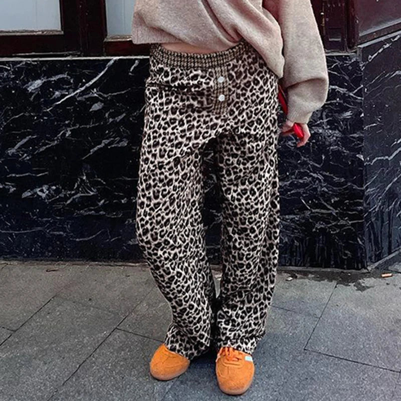Aiertu  Leopard Print Patchwork Straight Pants Elastic Waist Fashion Harajuku Trousers Aesthetic 2000s Casual Baggy Bottom Aiertu