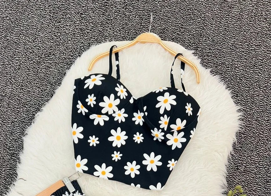 Aiertu  -  Harajuku New Skirt Sets Oversized Flower Pattern Black Y2k Two Piece Sets Womens Outfits Casual Fashion Dress Suspender Tops Aiertu
