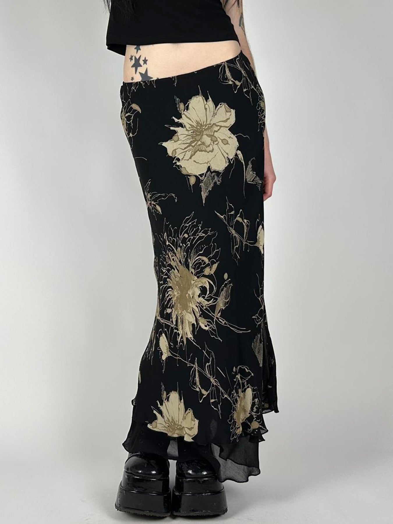 Aiertu - summer inspo Floral Print Two Layers Mesh Long Skirts For Women Vintage Elagant Fashion Low Waist Y2K Mermaid Skirt Vacation Aiertu