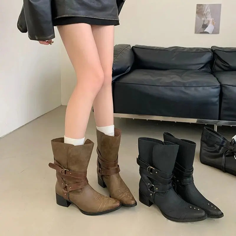 Aiertu    -  Black Chunky Heels Ankle Boots Woman Pointed Toe Rivet Fall Shoes Belt Buckle Western Style Cowboy Boots Zapatos Mujer Aiertu