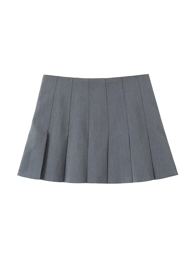 Aiertu  Women Fashion Grey Pleated Side Zipper Mini Skirts Vintage High Waist A-Line Female Chic Lady Skirts Aiertu