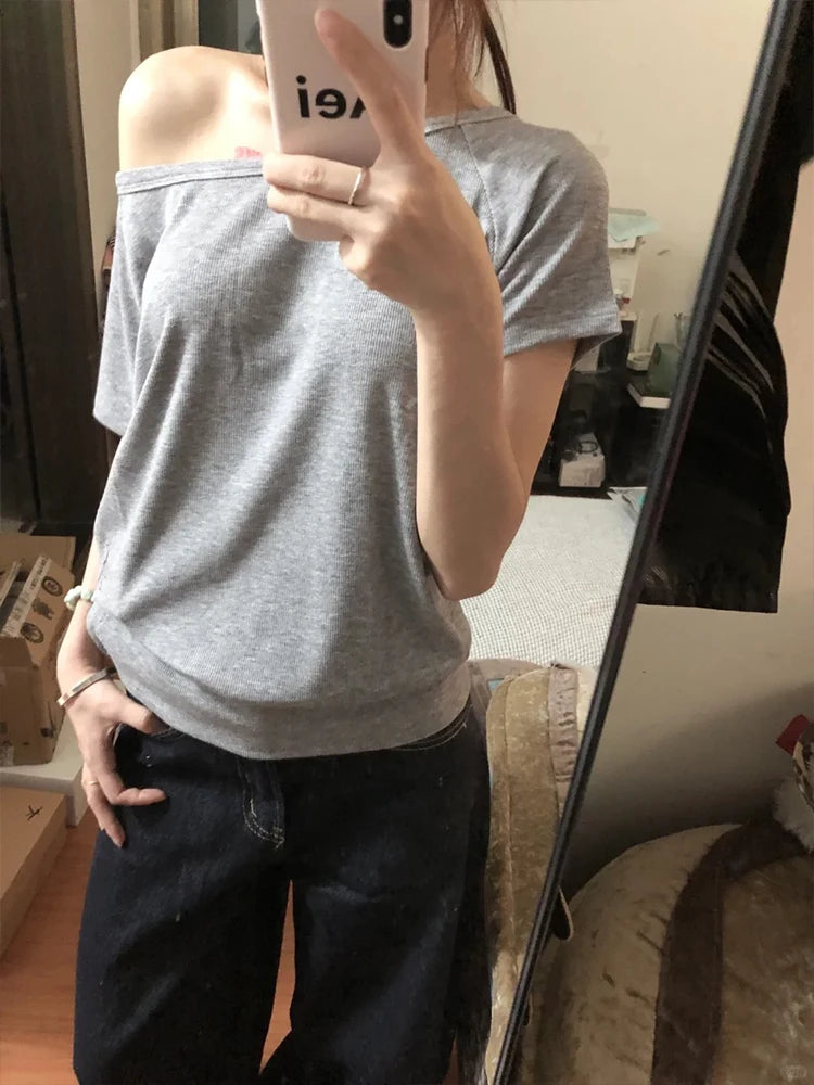 Aiertu  -  Korean Vintage Casual Style Letter Print Short Sleeve Women's Round Neck T-Shirts Fashion Slim Fit Sweet Grey Tees Slit Tops Aiertu