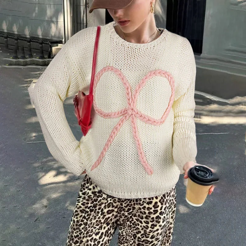 Aiertu  -  Bows Long Sleeve Knitted Sweater For Women Casual Loose O Neck Crochet Pullovers Winter New Female Splice Sweater Top Aiertu