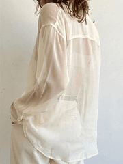 Aiertu  -  Button Front Semi Sheer Long Sleeve Blouse Aiertu
