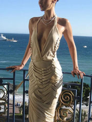 Aiertu  -  New Deep V Neck Backless Halter Dress Women Sexy Layer Hollow Out Sleeveless Slim Gowns Fashion Lady 2026 Party Vocation Robes Aiertu