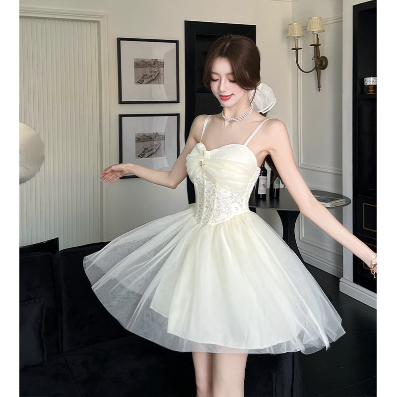 Aiertu  Women Summer Elegant Lace Mesh Strap Princess Dress Korean High Waist A-Line Mini Dresses Birthday Evening Party Chic Ball Gown Aiertu