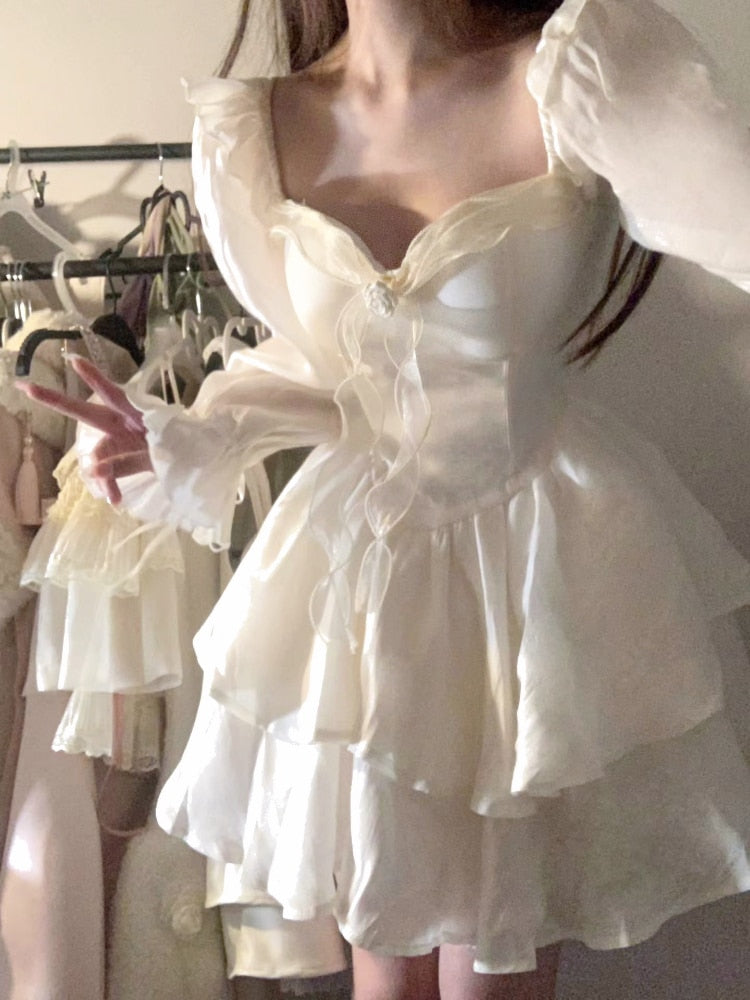 Aiertu  2025  Spring Pure Color French Fairy Mini Dress Y2k Party Slim One Piece Dress Korean Design Lace Sweet Sexy Women Dress Lolita Aiertu