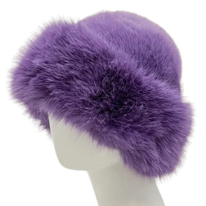 Aiertu  -  Winter Faux Fox Fur Bucket Hats For Women Soft Thickened Plush Fisherman Hat Outdoor Windproof Warm Beanies Caps Ski Panama Cap Aiertu
