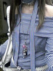 Aiertu  -  Autumn Slash Neck Blue Stripe Y2k Aesthetic Tshirts Streetwear Bandage Women Slim Fit Tee Shirts Vintage Harajuku Basic T-shirt Aiertu