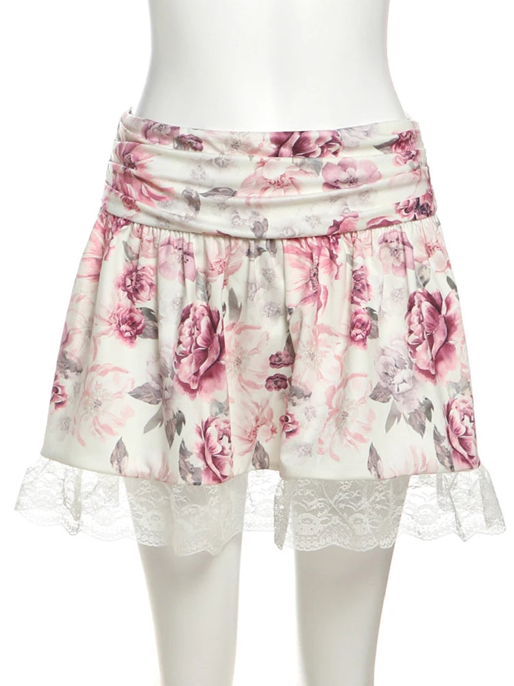 Aiertu  -  Sweet 2Piece Set Women Flower Print Single-Breasted Metal Buckle Wrap Mini Top+Patchwork Lace Folds Skirt Matching Suits Aiertu