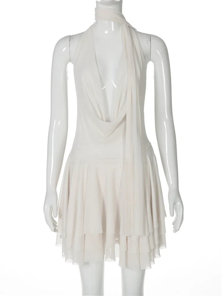 Aiertu  -  V-Neck Ruffled Backless Mini Dress Women's Bandage See-Through Sleeveless Sexy Pleated Dress Female Summer Bodycon Dress Aiertu