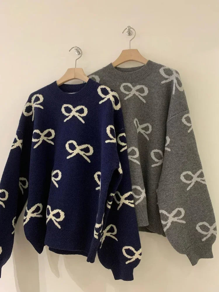 Aiertu  -  Elegant Bow Printed Women Knitted Sweater Fashion Round Neck Long Sleeves Oversized Pullover 2026 Warm Lady Commuting Tops Aiertu