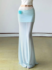 Aiertu  -3D Floral Ruched Mesh Low-Waist Maxi Skirt aiertu