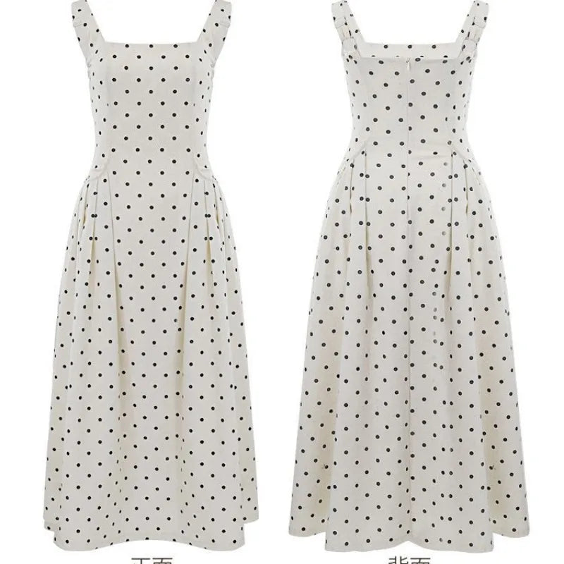 Aiertu  -  Vintage Polka Dots Midi Dress Women Party Elegant Print Straps Dresses Summer Korean Square Collar Bodycon A Line Vestidos Aiertu