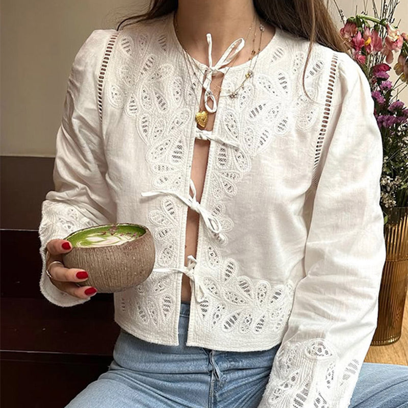 Aiertu  -  Elegant Embroidered Hollow Out Shirt Women Vintage White O-neck Lace Up Short Shirts Female Spring Versatile Chic Street Tops Aiertu