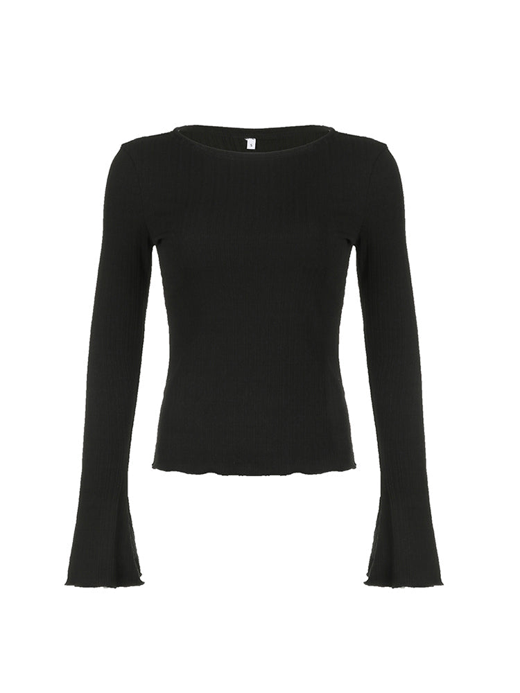 Aiertu - summer inspo Black Solid Slim Flared Sleeve Elegant T Shirt Women Simple Basic Fashion Spring Autumn Knitted Top Tees Aiertu