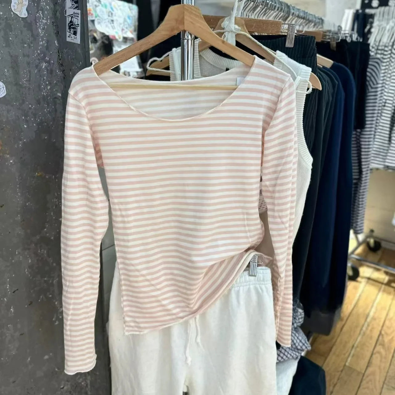 Aiertu  -  Hem Pink Striped Long Sleeve T-shirt Women Spring New Slash Neck Cotton Chic Tee Shirts Sweet Preppy Style Basic Tops Y2k Aiertu