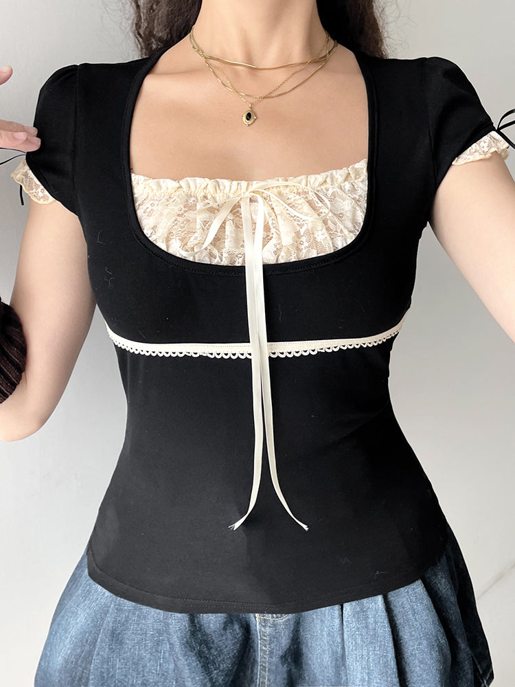 Aiertu - summer inspo Sweet Y2K Contrast Lace Patchwork Square Collar Black T-Shirt Women Short Sleeve Basic Balletcore Cute Summer Tops Aiertu