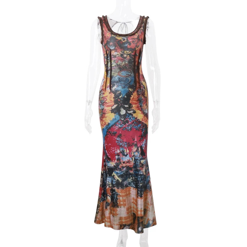 Aiertu  Sexy Backless Hollow Out Sleeveless Maxi Dresses Vintage Oil Painting Print Bodycon Dress Aesthetic Party Slim Vestidos Aiertu