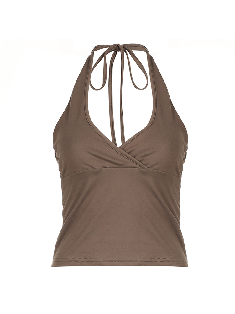 Aiertu - summer inspo Cross Tie Halter V Neck Crop Top Women Solid Basic Casual Slim Backless Sexy Tank Vest Aiertu