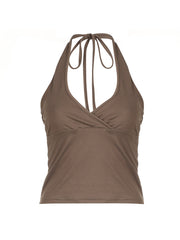 Aiertu - summer inspo Cross Tie Halter V Neck Crop Top Women Solid Basic Casual Slim Backless Sexy Tank Vest Aiertu