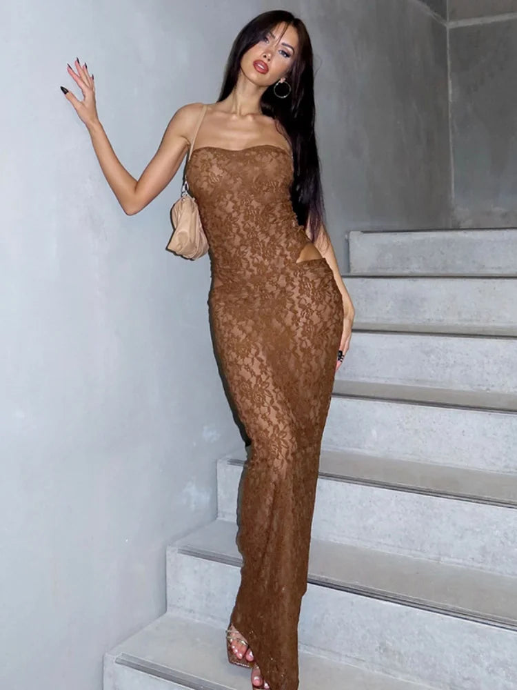 Aiertu  -  New Brown Lace Print High Waist Long Skirt Suit Women Sexy Off Shoulder Slim Short 2 Piece Set Summer New Party Holiday Outfits Aiertu