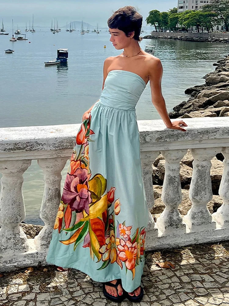 Aiertu  -  Blue Printed Strapless Dress Pleated Fluffy Large Hemline Cinched Waist Slimming Off Shoulder Robes Women Beach Long Dresses Aiertu