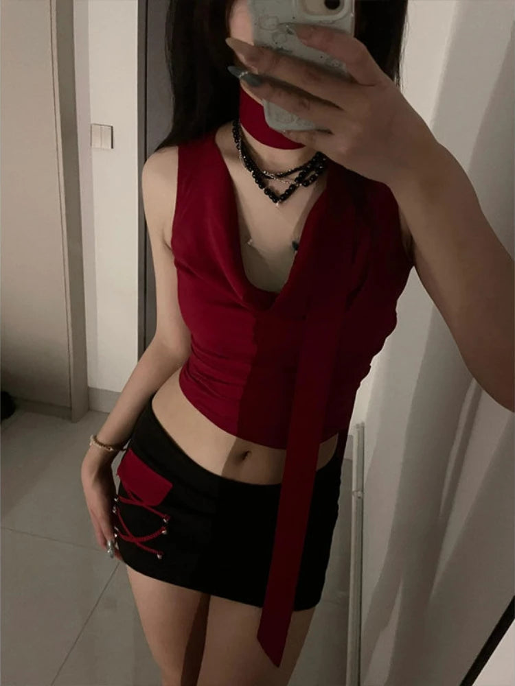 Aiertu  -  Streetwear Sexy Swing Collar Bandage Tanks 2025 Summer Harajuku Vintage Cropped Camisoles Y2k Aesthetic Fairy Solid Grunge Vests Aiertu
