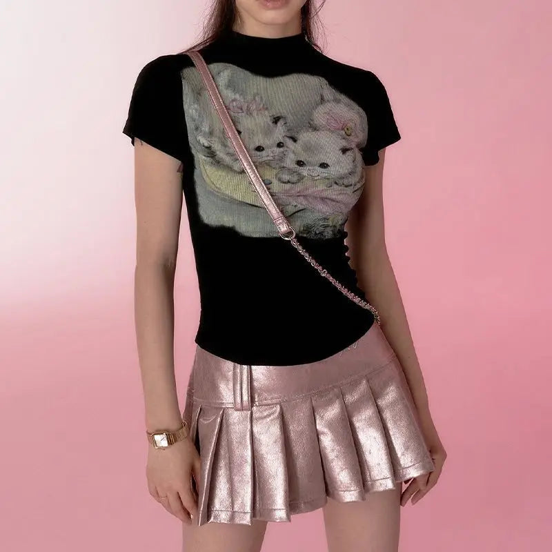 Aiertu  -  Trendy Kawaii Cute Cat Print T-shirt Women Summer Harajuku Y2k Half Turtleneck Crop Top Fashion Sweet Vintage Tee Shirts Femme Aiertu