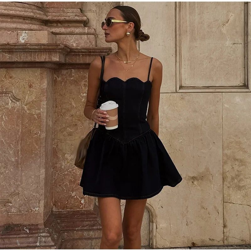 Aiertu  -  Chic Sling Lace Strapless Denim Women's Mini Dress Backless Waist Pleated A-line Dresses 2026 Summer Casual Vacation Ladies Robe Aiertu