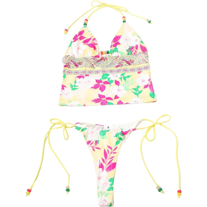 Aiertu  -  Print Beads Lace Up Holiday Beach 2 Piece Set 2026 Summer Women Sexy V-neck Halter Backless Camis Crop Top + Briefs Bathing Suit Aiertu