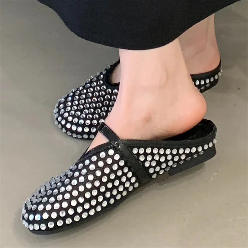 Aiertu  -   Fashion Design Crystal Rhinestone Round Toe Buckle Strap Mules Slippers Women Elegant Low Heels Casual Party Dress Shoes Aiertu