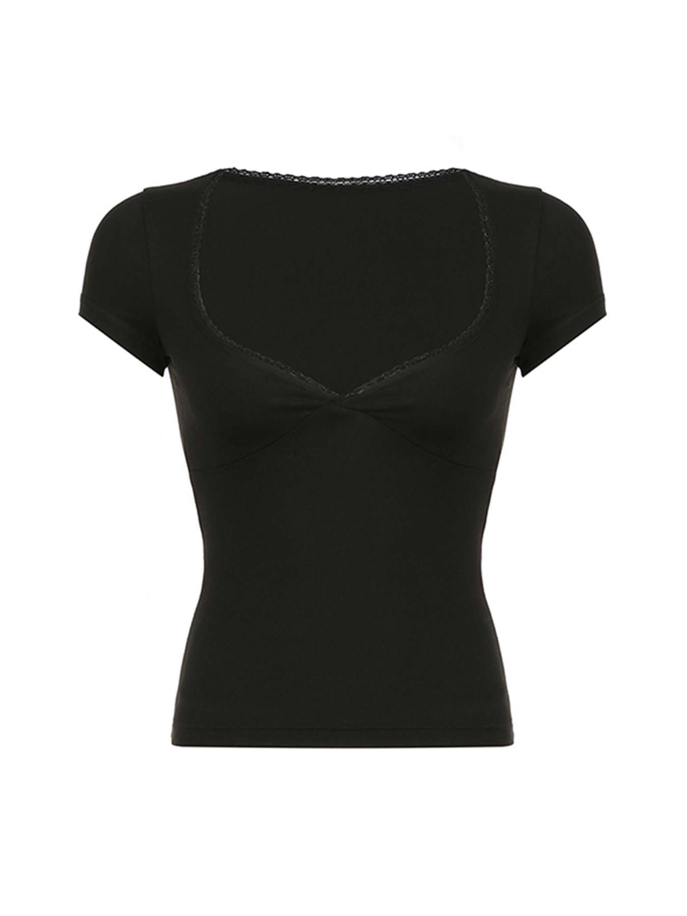 Aiertu - summer inspo Hot Black Solid Slim Elegant Basic Short Sleeve Tees Lace Trim Cute Y2K V Neck White T Shirts Women Summer Streetwear Tops Aiertu