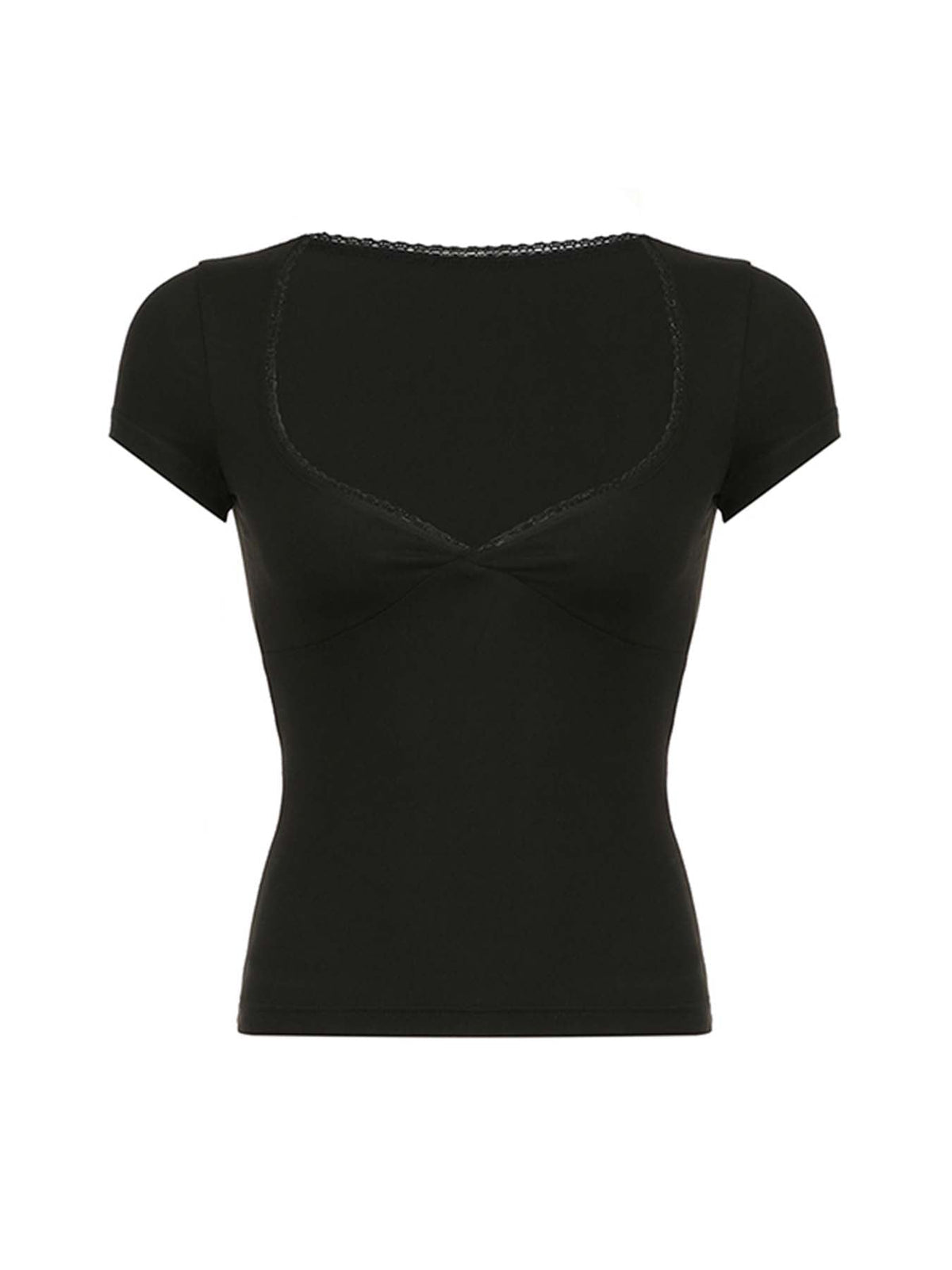Aiertu - summer inspo Hot Black Solid Slim Elegant Basic Short Sleeve Tees Lace Trim Cute Y2K V Neck White T Shirts Women Summer Streetwear Tops Aiertu
