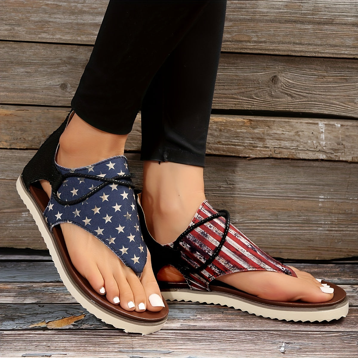 Aiertu [Vintage Gladiator Sandals] Vintage Style Gladiator Sandals - Striped Independence Day Flat Heel with Zip Closure, Split Toe Design, EVA Sole, Faux Cover Insole & Lining Aiertu