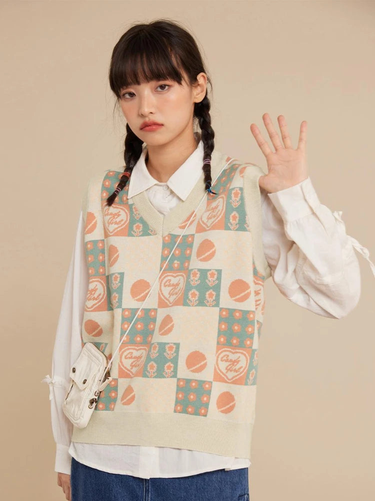 Aiertu  -   Kawaii Preppy Style Sweater Vest Y2k Women Sweet Pink Loose Floral V-Neck Knitted Pullover Sleeveless Plaid Outerwear Aiertu