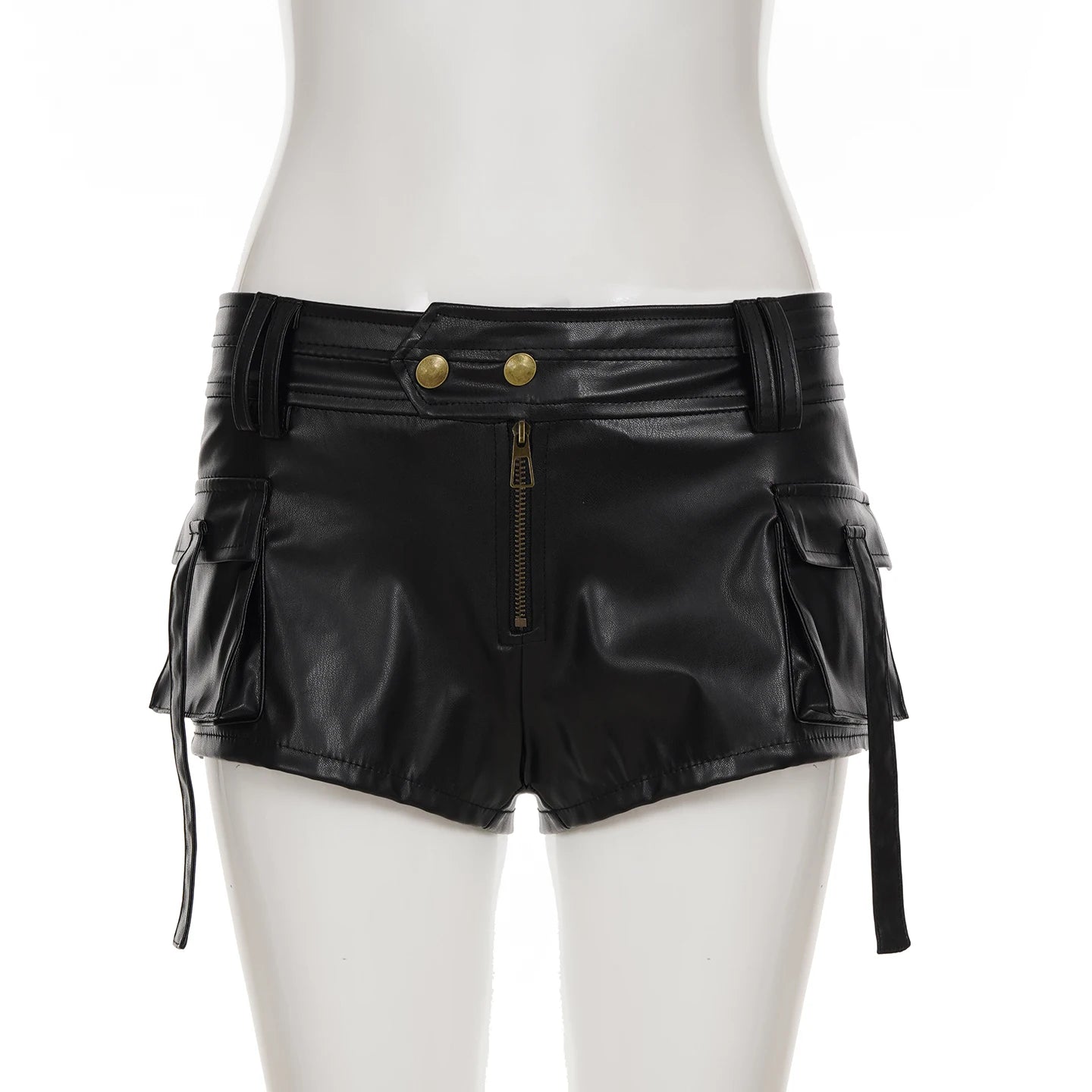 Aiertu  -  Punk Style Black Leather Shorts Solid Skinny Button-up Low Rise Pockets Patchwork Cargo Shorts Women Summer Streetwear Aiertu