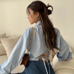 Aiertu Korean Long Sleeve Shirt Women Sexy Strap Backless Chic Blouse Office Lady Slim Lace Up Turn Down Collar Casual Top Aiertu