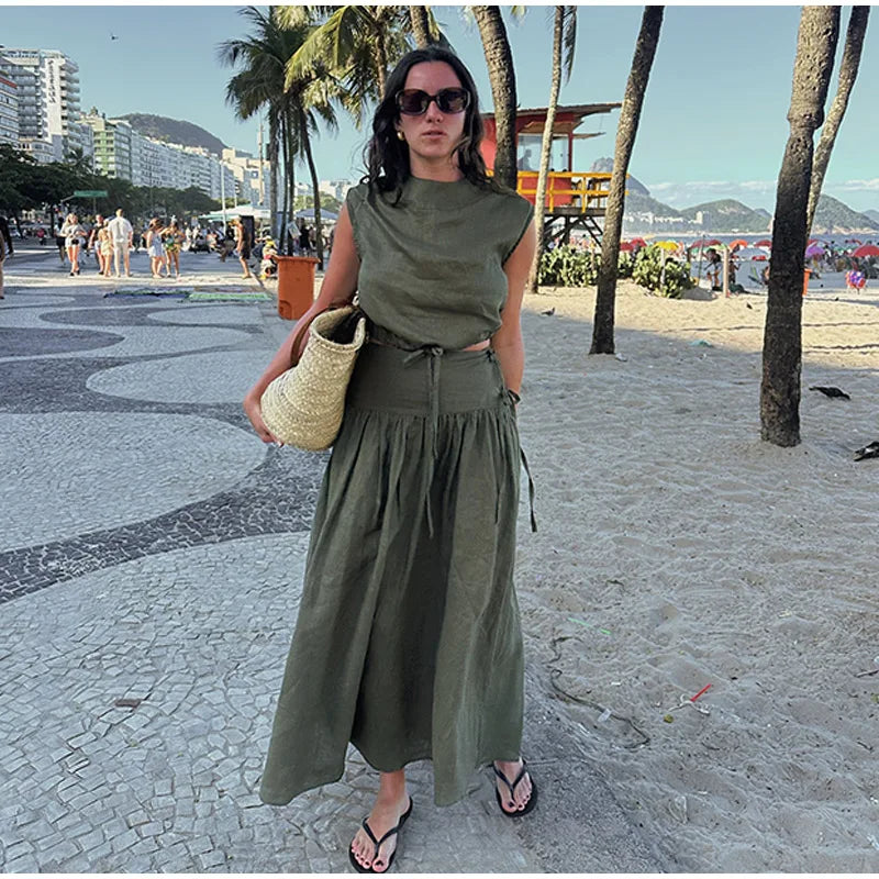 Aiertu  -  Beach Lace Up Women Skirts Suit Cotton And Linen Sleeveless Hollow Out Tank Top High Wasit Loose Skirt Sets Lady Outfits Aiertu