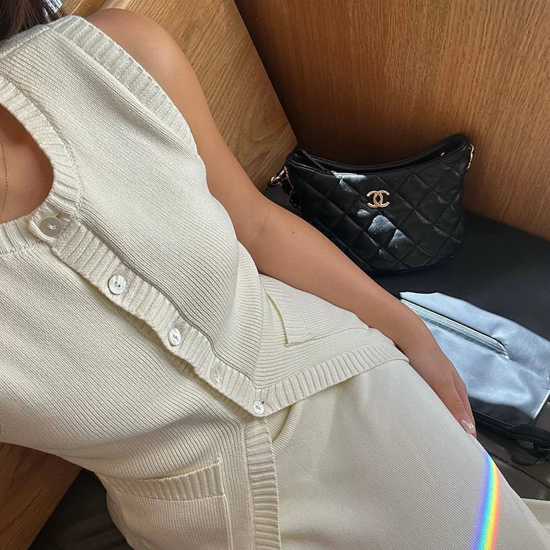 Aiertu  -  Summer Fashion Knitted Skirt Suit Sleeveless Vest Pocket Slit High Waist Long Skirt Elegant White Ribbed Knitwear Outfits Aiertu
