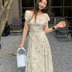 Aiertu  -  Vintage Elegant Women's Slim Summer Long Chiffon Dress Smudge Flower Square Collar Flattering Maxi Sundress Female Aiertu