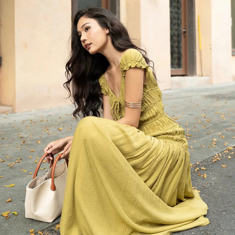 Aiertu  -  Sexy Deep V-neck Pleated Maxi Dress For Women Elegant Fashion Backless Slim Fit Solid Color Sexy Holiday Birthday Dress Aiertu