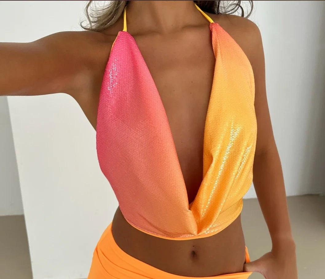Aiertu  -  Sequins Colorful Tank Top Mini Skirt Sets Women Backless Off Shoulder Short Vest Tops Mini Skirts Suits Holiday Set Summer Aiertu