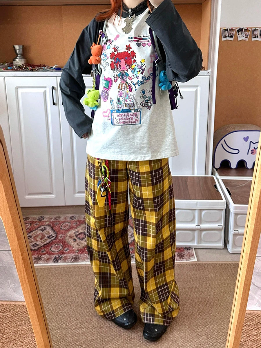 Aiertu  -  Retro Checkered Wide Leg Pants for Women Yellow Color Block Pockets High Waist Straight Wide Leg Sweatpants Daily Wear Aiertu